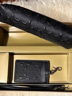 Coach Black Signature Leather Pencil Case and Lanyard